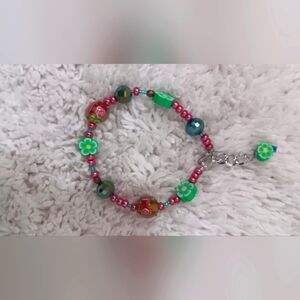 Colorful Hand Crafted 8" Bracelet Featuring Pretty Pink & Green Flowers